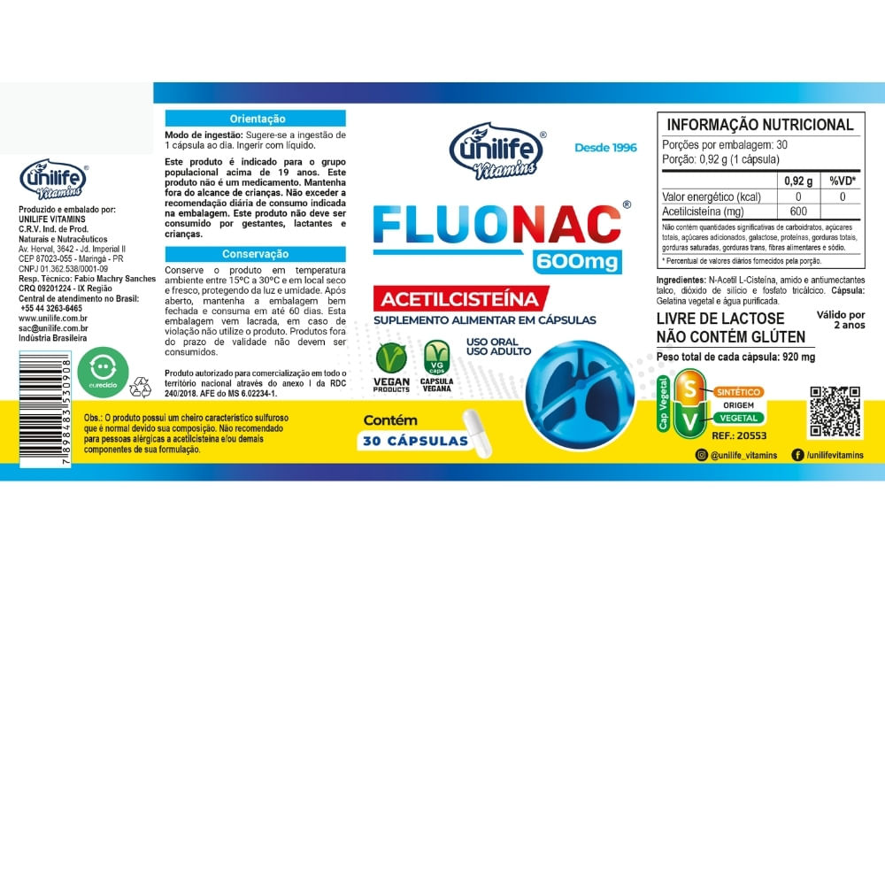 Fluonac N-Acetilcisteína NAC Unilife 30 Cápsulas