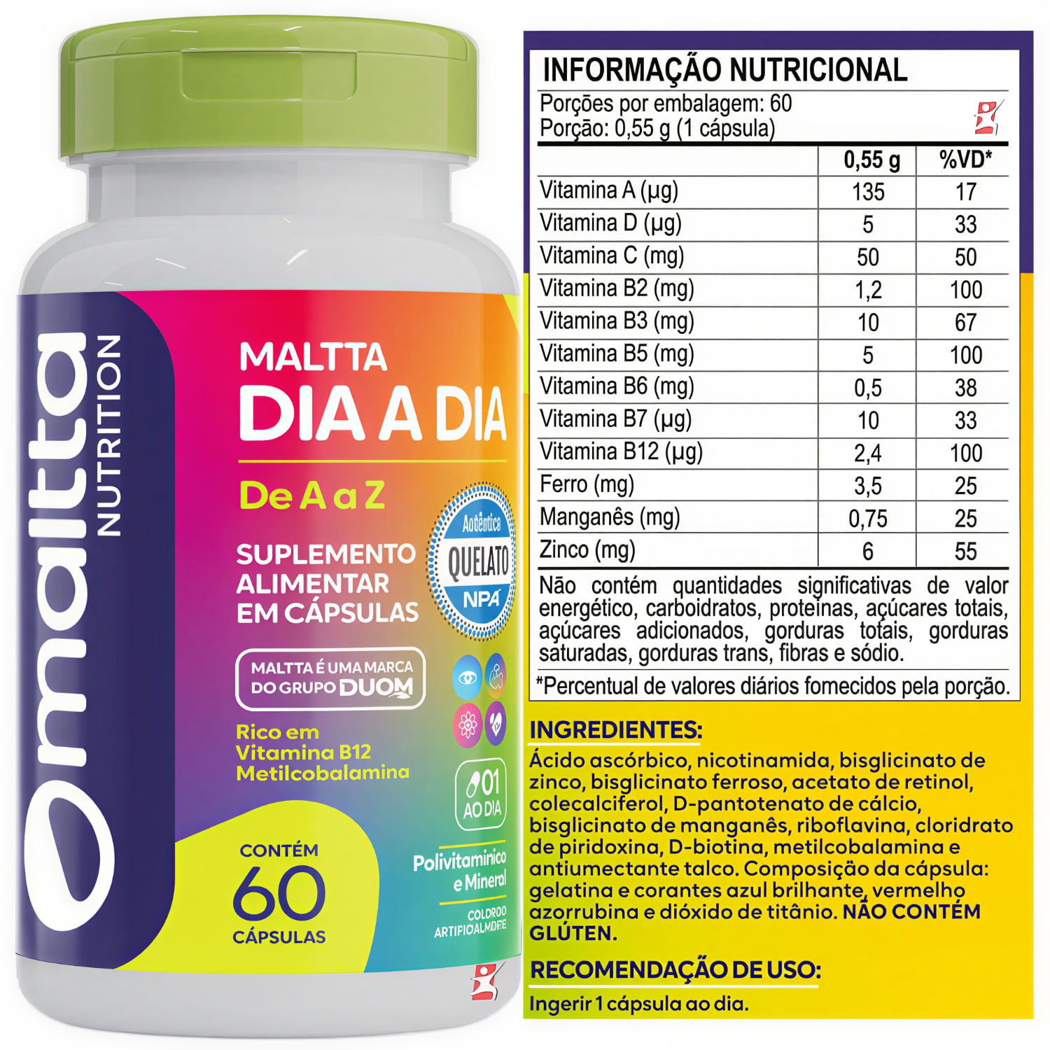 Polivitamínico Dia a Dia de A-Z Vitaminas e Minerais Maltta 60 Cápsulas