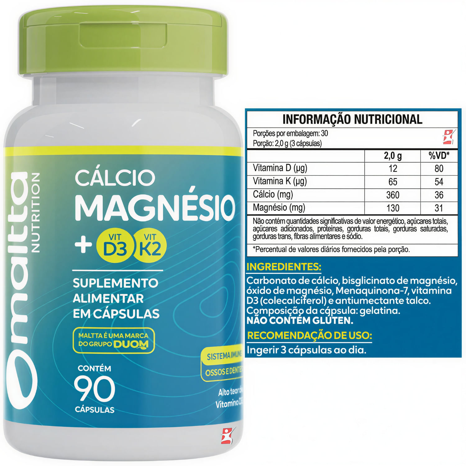 Cálcio MDK Cálcio + Magnésio + Vitaminas K2 e D3 Maltta Nutrition 90 Cápsulas