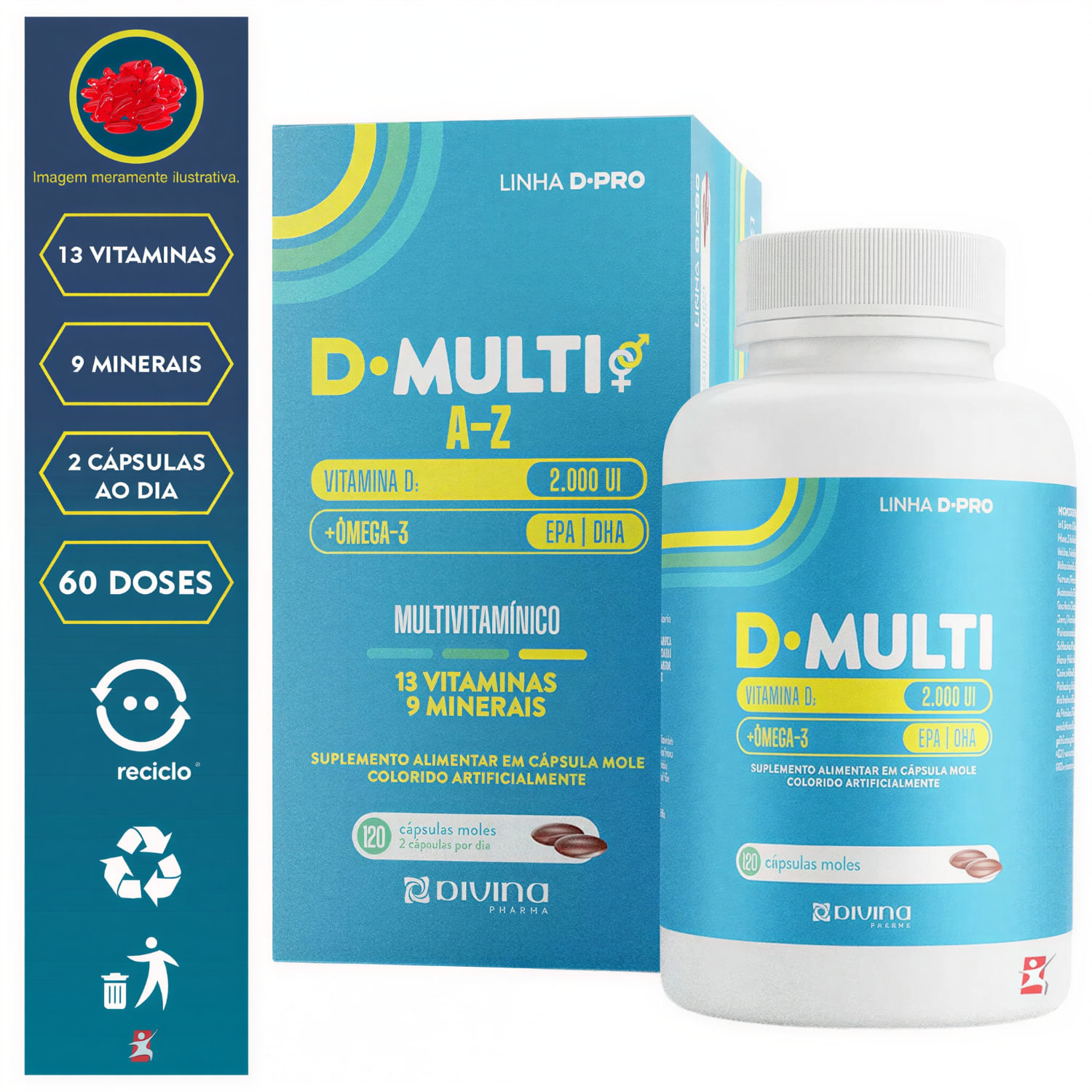 D-Multi A-Z Ômega 3 + Vitaminas + Minerais Divina Pharma 120 Cápsulas