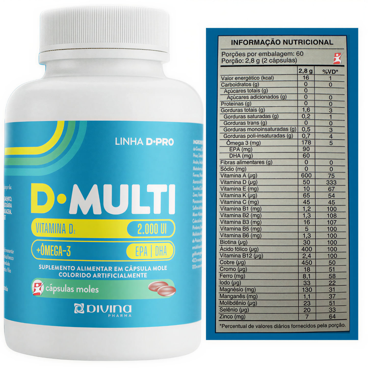 D-Multi A-Z Ômega 3 + Vitaminas + Minerais Divina Pharma 120 Cápsulas