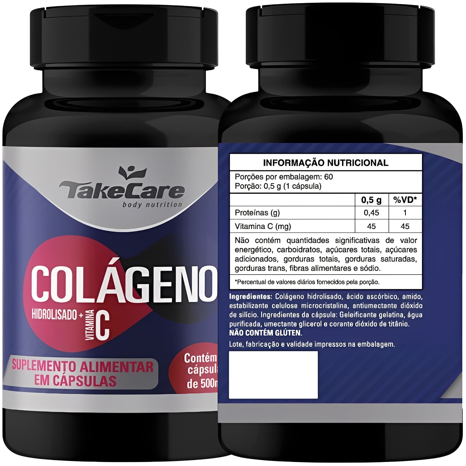 Colágeno Hidrolisado Com Vitamina C Take Care 500mg 60 Cápsulas