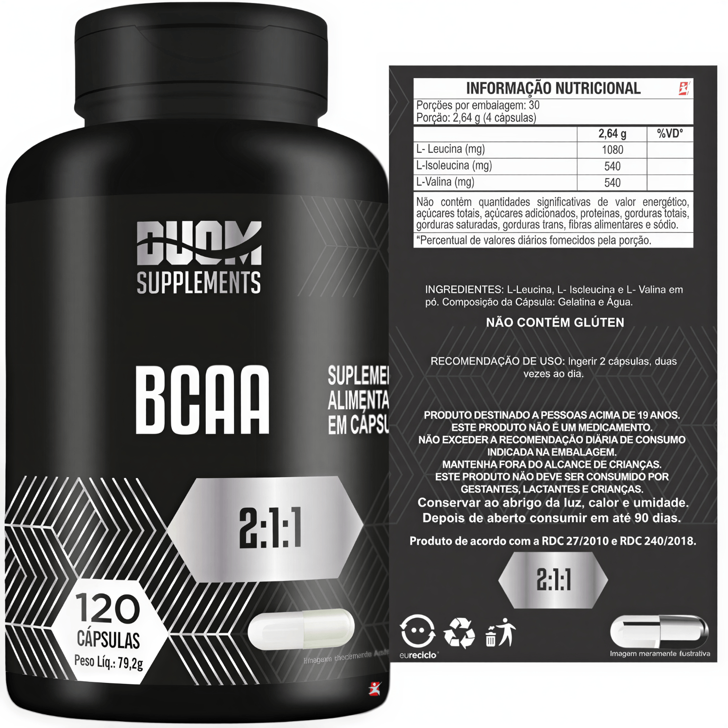 BCAA Concentrado 2:1:1 Leucina + Isoleucina + Valina Duom Supplements 120 Cápsulas
