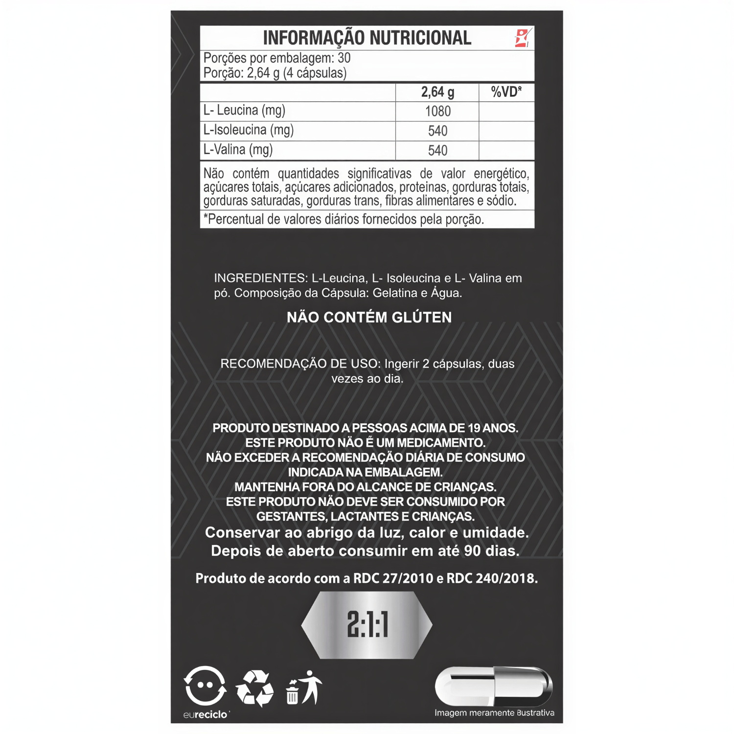 BCAA Concentrado 2:1:1 Leucina + Isoleucina + Valina Duom Supplements 120 Cápsulas