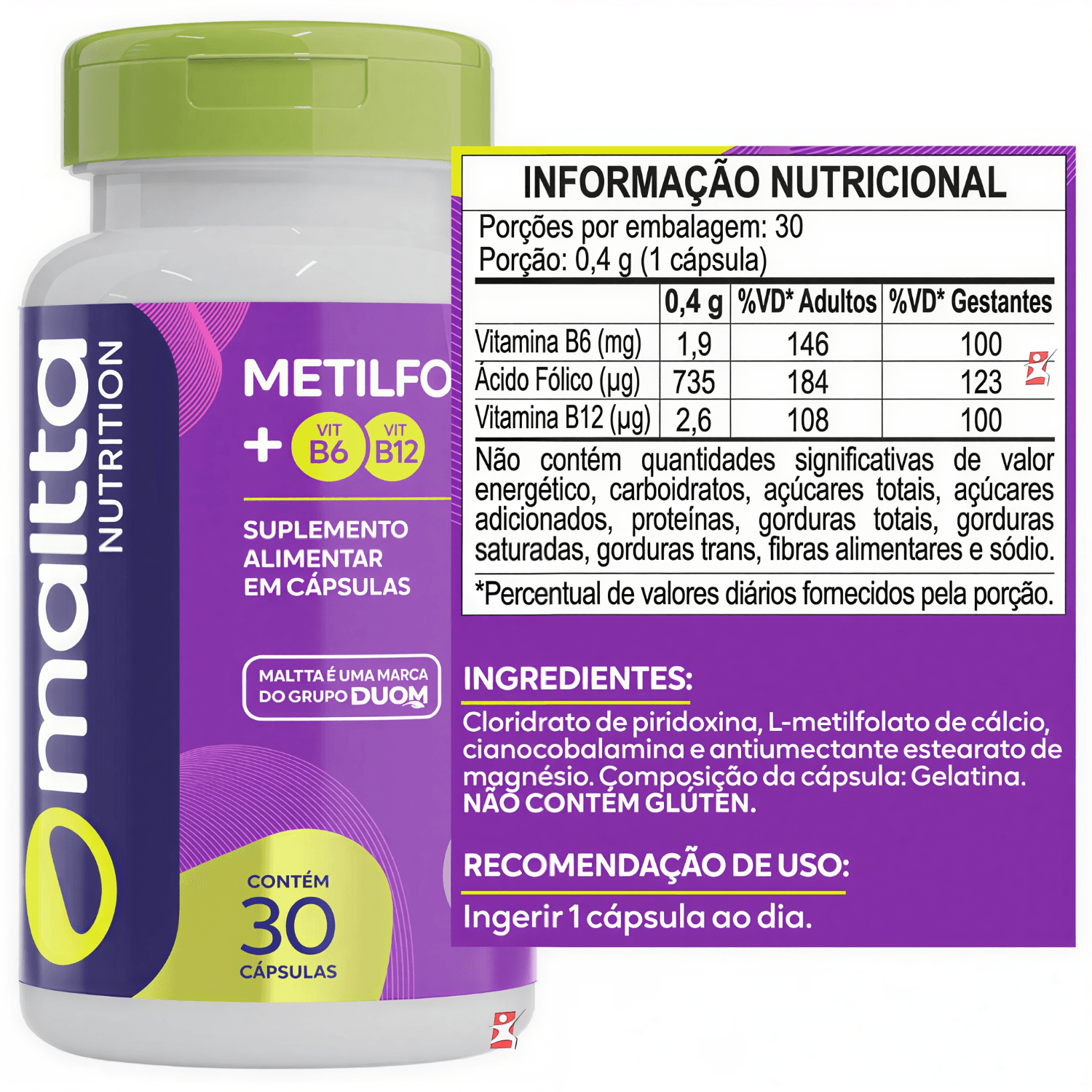 Metilfolato + Vitaminas B6 e B12 Maltta Nutrition 30 Cápsulas