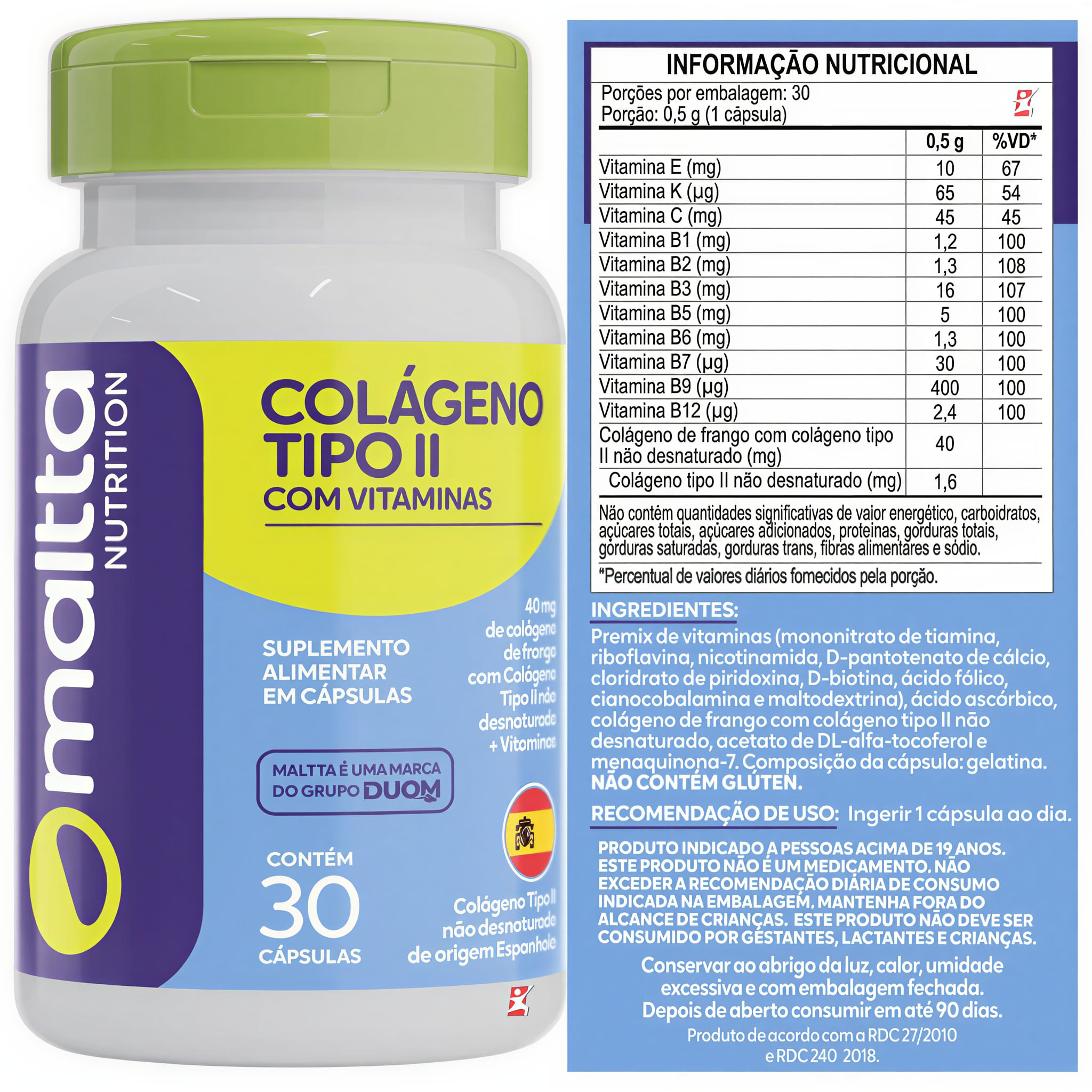 Colágeno Tipo II Complexo B e Vitaminas C, E e K Maltta Nutrition 30 Cápsulas