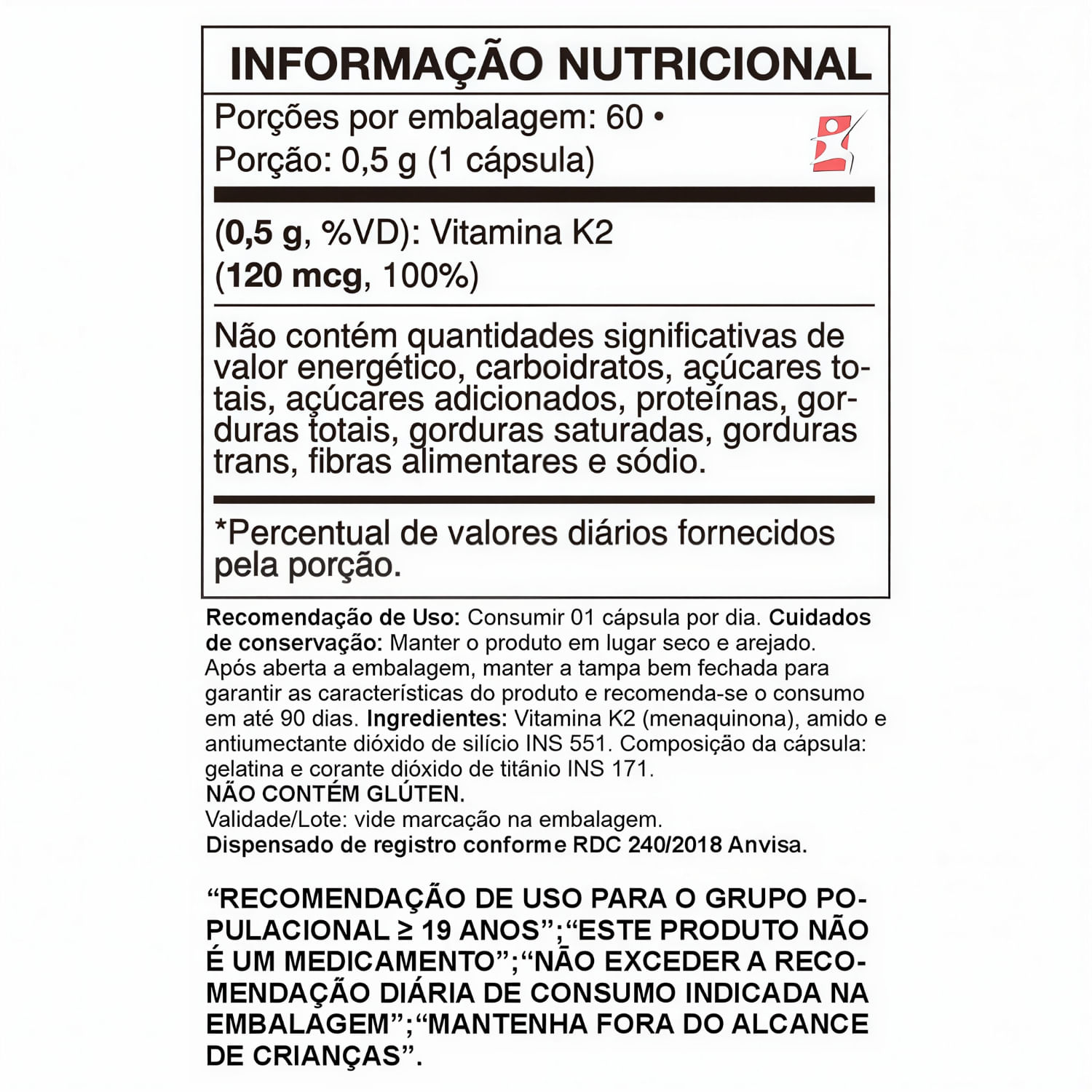 Vitamina K2 Menaquinona MK-7 Videira7 60 Cápsulas