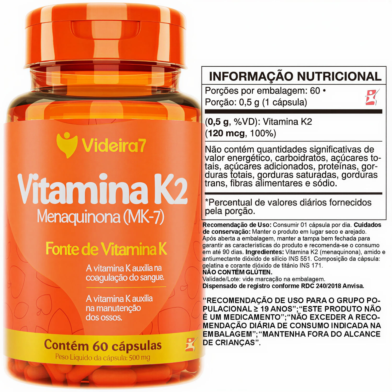 Vitamina K2 Menaquinona MK-7 Videira7 60 Cápsulas