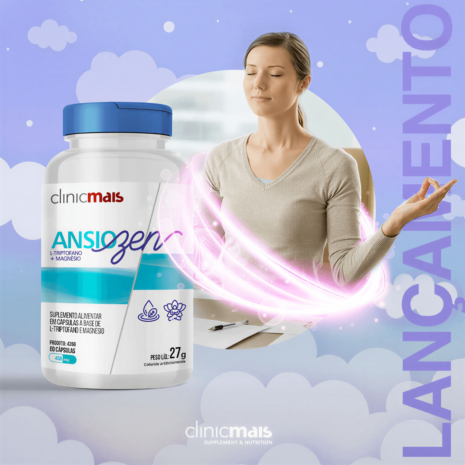 Ansiozen L-Triptofano + Magnésio ClinicMais 60 Cápsulas