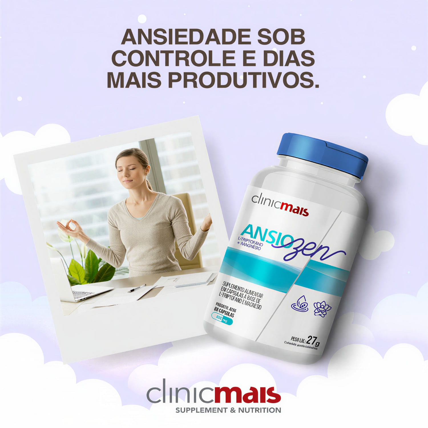 Ansiozen L-Triptofano + Magnésio ClinicMais 60 Cápsulas