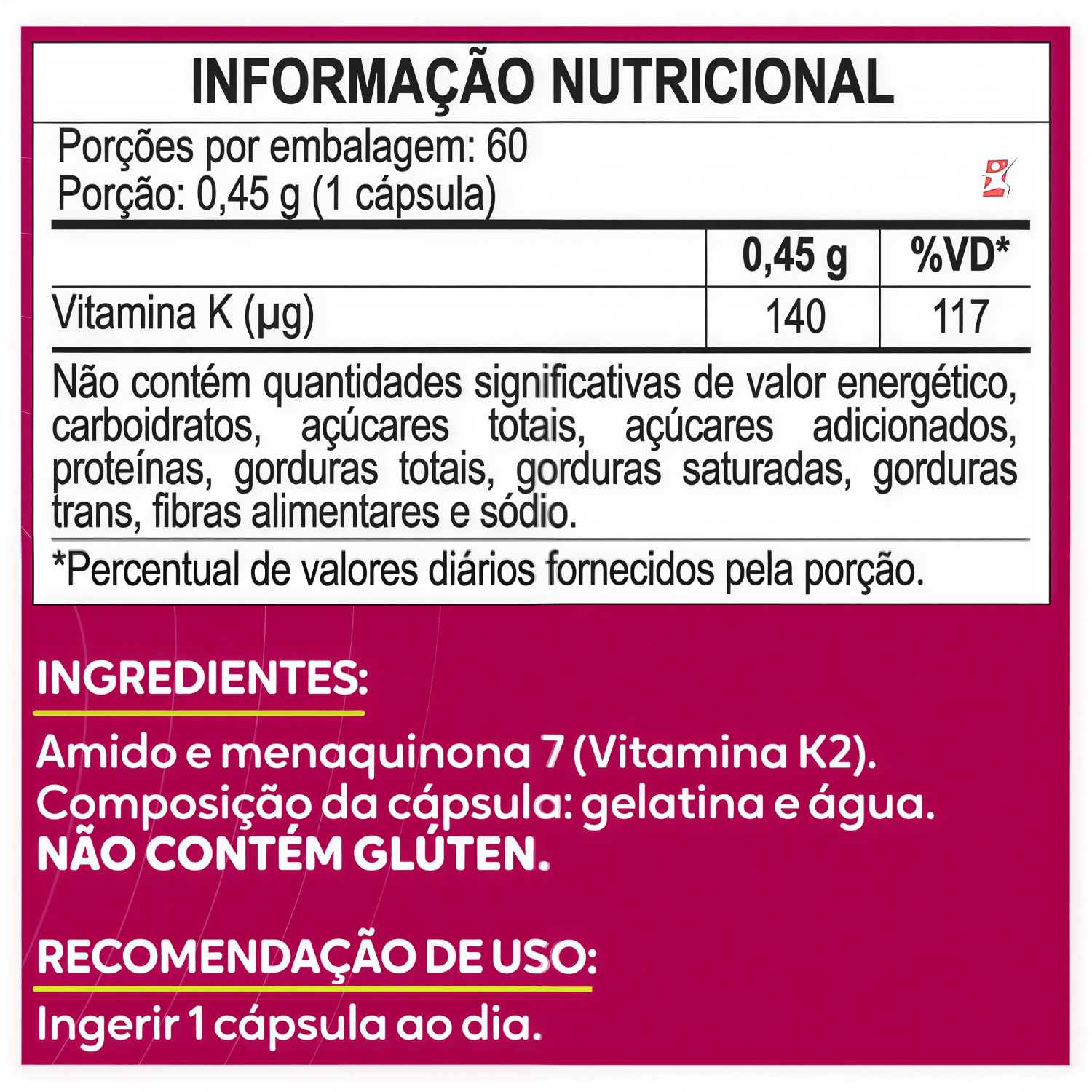 Vitamina K2 Menaquinona-7 MK-7 Maltta Nutrition 60 Cápsulas