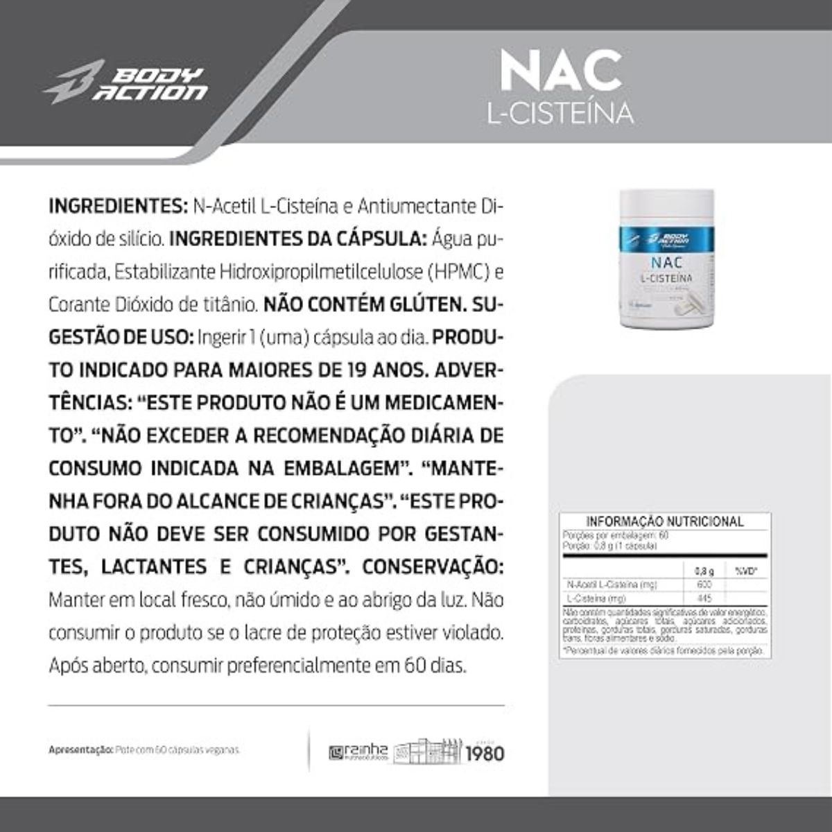 NAC L-Cisteína Bodyaction 60 Cápsulas Veganas