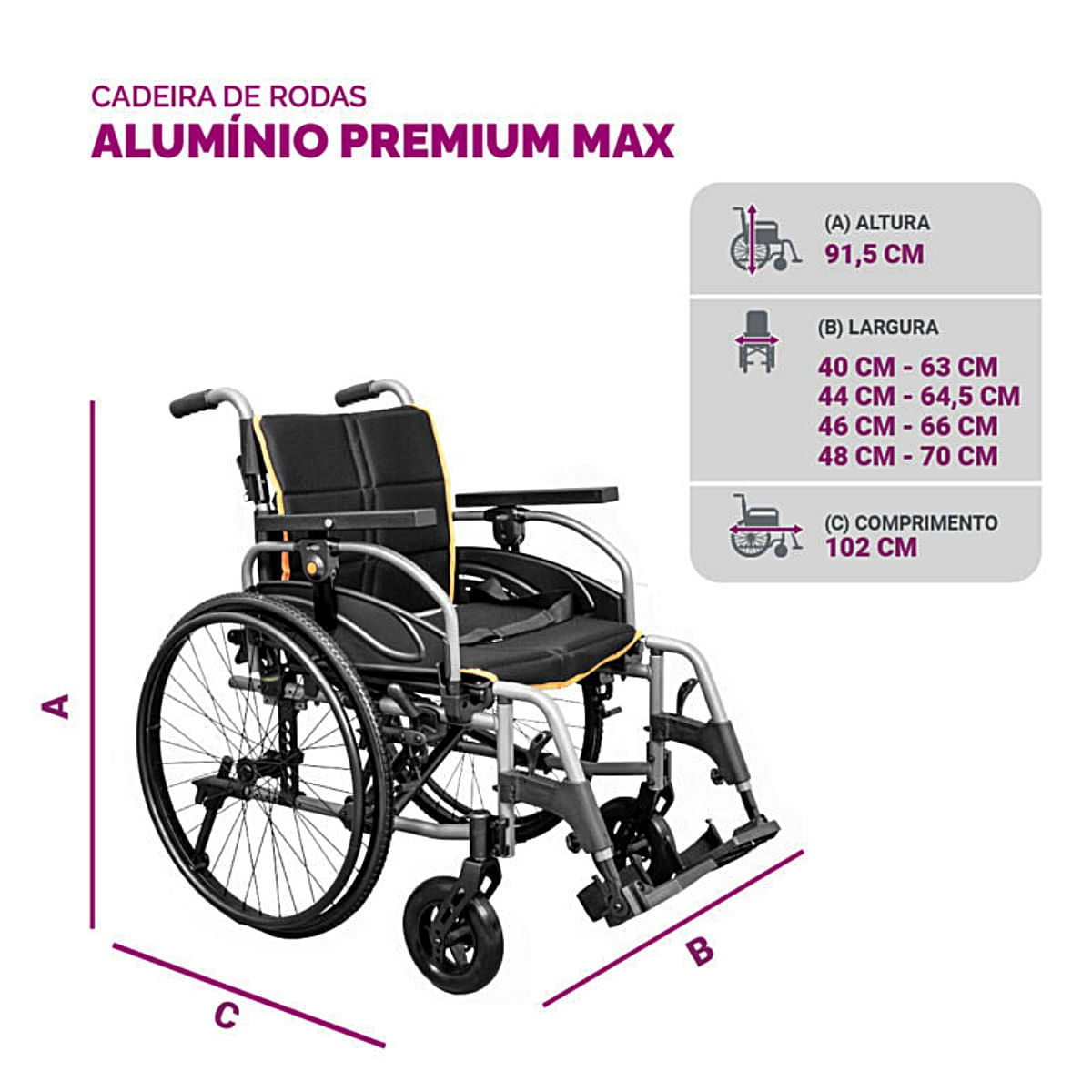 Cadeira De Rodas Alumínio Premium Max Até 150kg Assento 40cm Hidrolight
