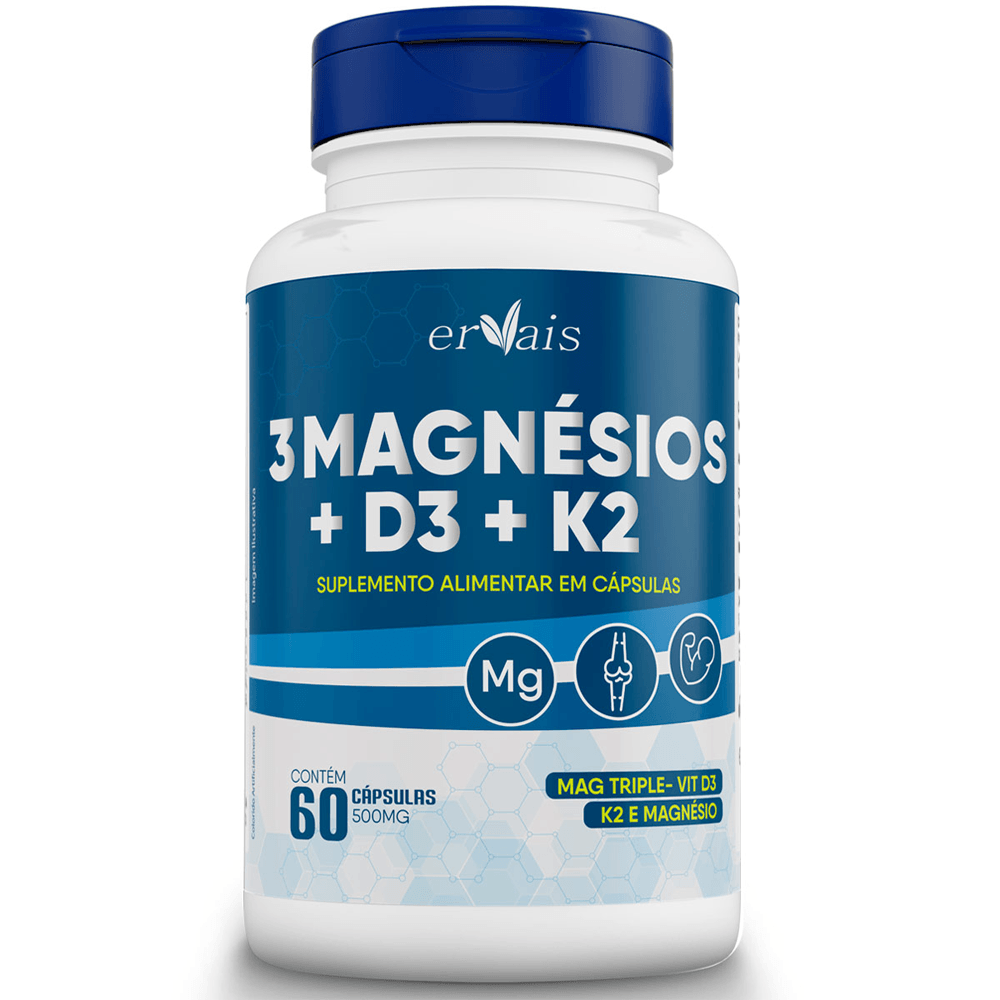 3 Magnésios + D3 + K2 Ervais 60 Cápsulas