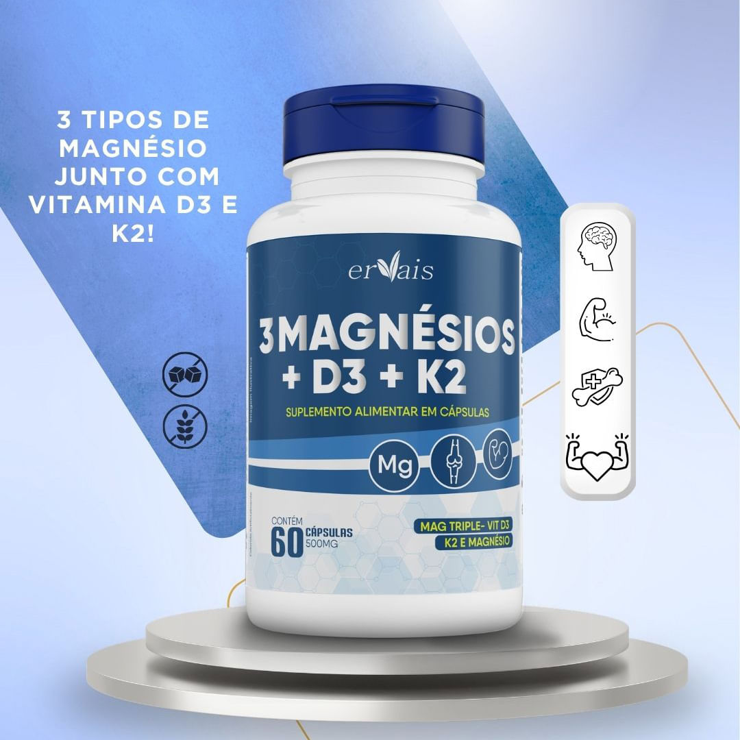 3 Magnésios + D3 + K2 Ervais 60 Cápsulas