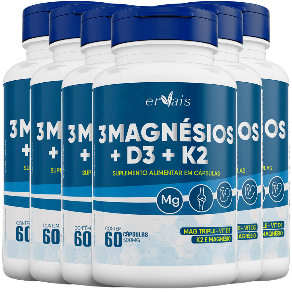 Kit 6 Frascos 3 Magnésios + D3 + K2 60 Cápsulas