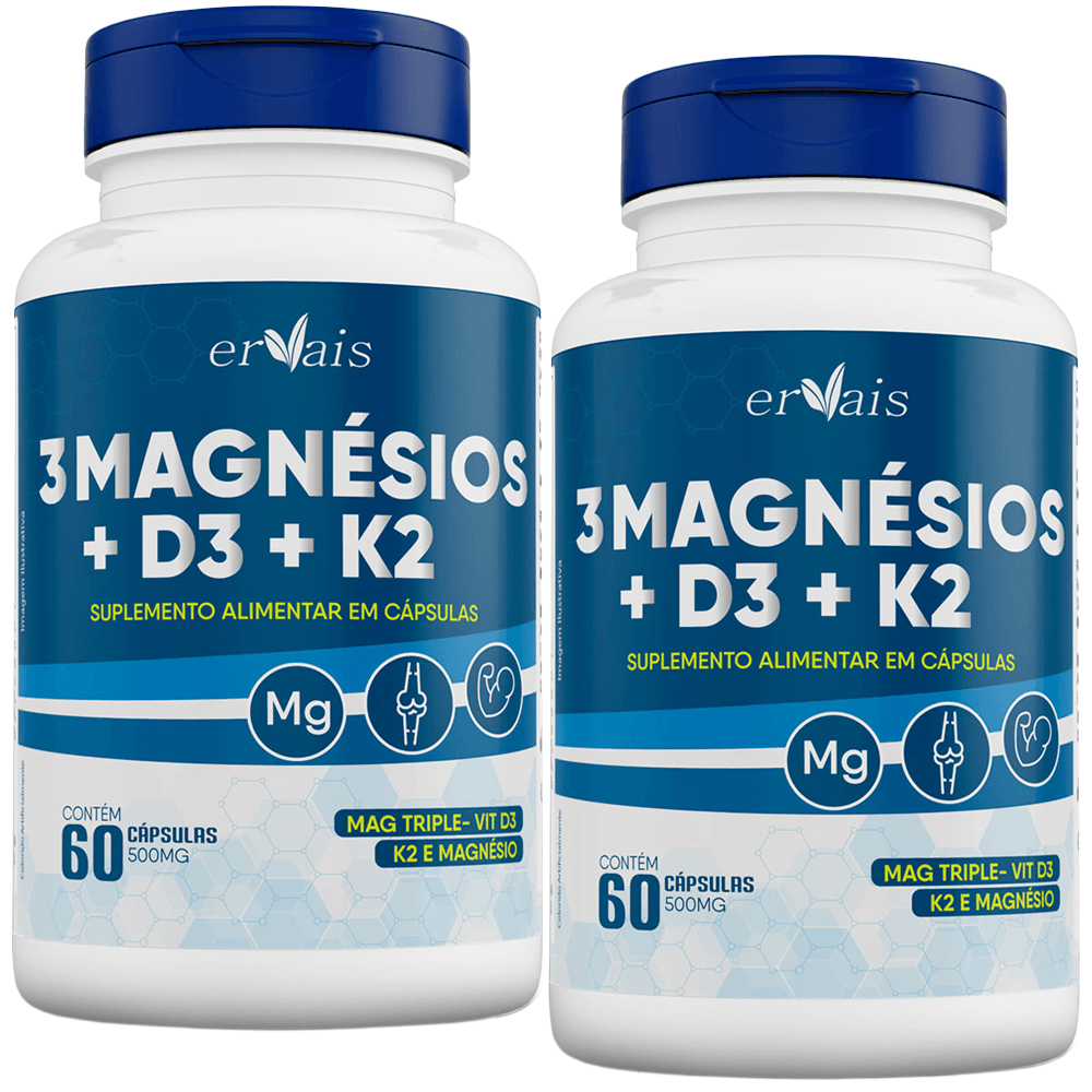 Kit 2 Frascos 3 Magnésios + D3 + K2 Ervais 60 Cápsulas