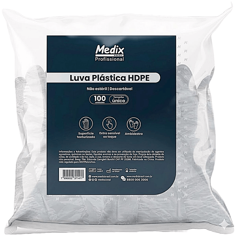 Luva Plástica Hdpe Não Estéril Descartável Medix 100 Unidades