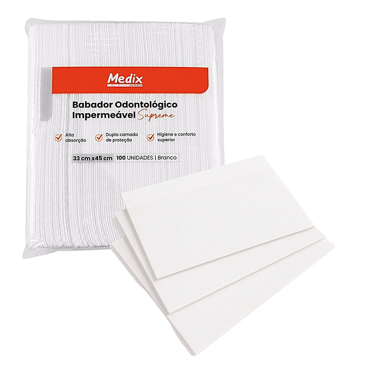 Babador Odontológico Impermeável Supreme Medix Branco 100 Unidades