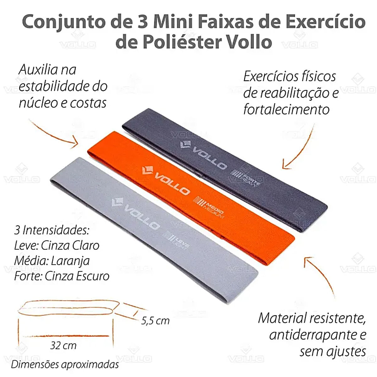 Kit 3 Faixas Elásticas Mini Bands Poliéster 3 Intensidades Vollo
