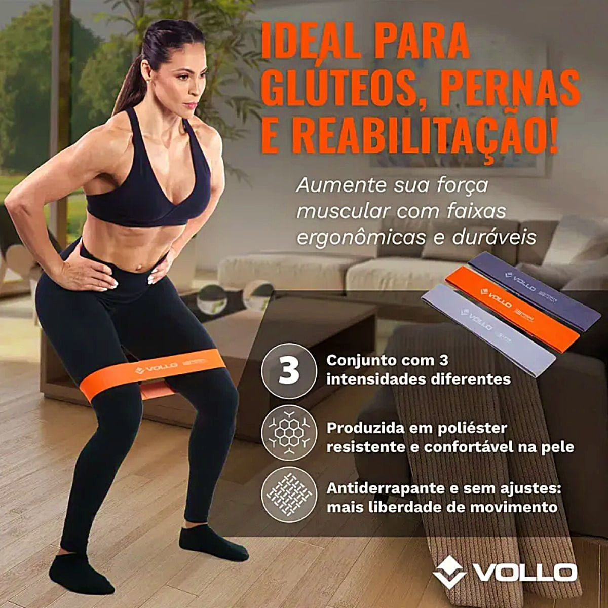 Kit 3 Faixas Elásticas Mini Bands Poliéster 3 Intensidades Vollo