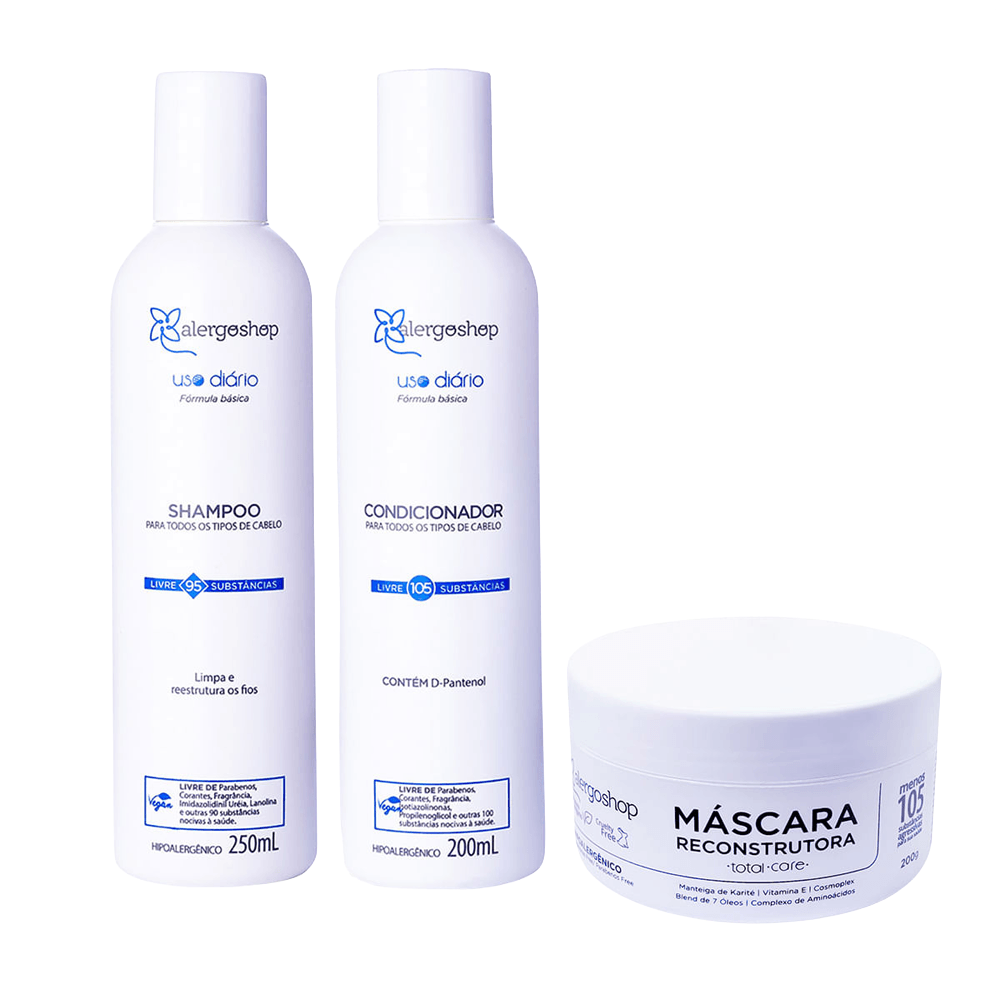 Kit Alergoshop Shampoo Uso Diário 250ml + Condicionador Uso Diário 200ml+ Máscara Reconstrutora Total Care 200g