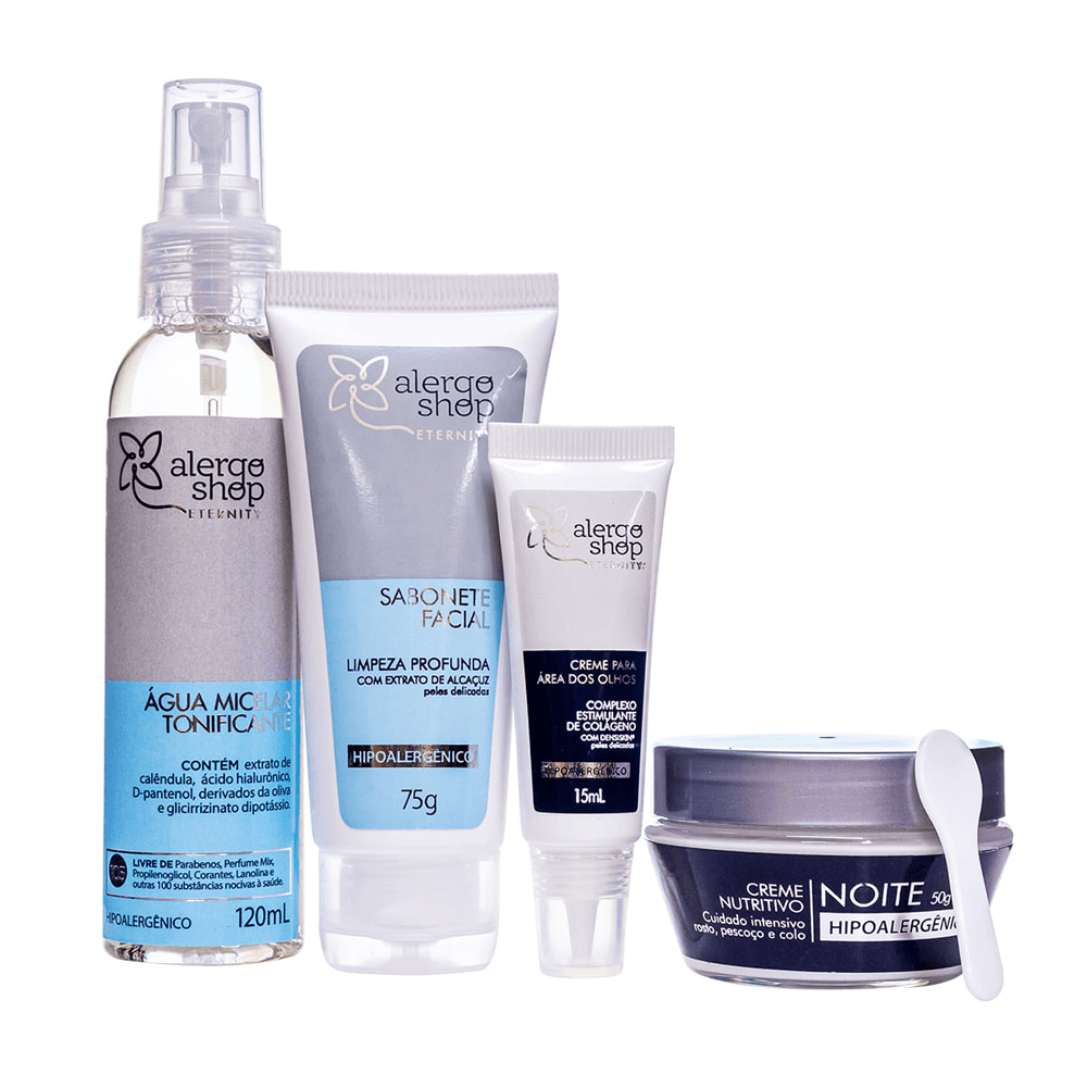 Kit Eternity Alergoshop Sabonete Facial 75g + Água Micelar 120ml + Creme Noite 50g + Creme Área dos Olhos 15ml
