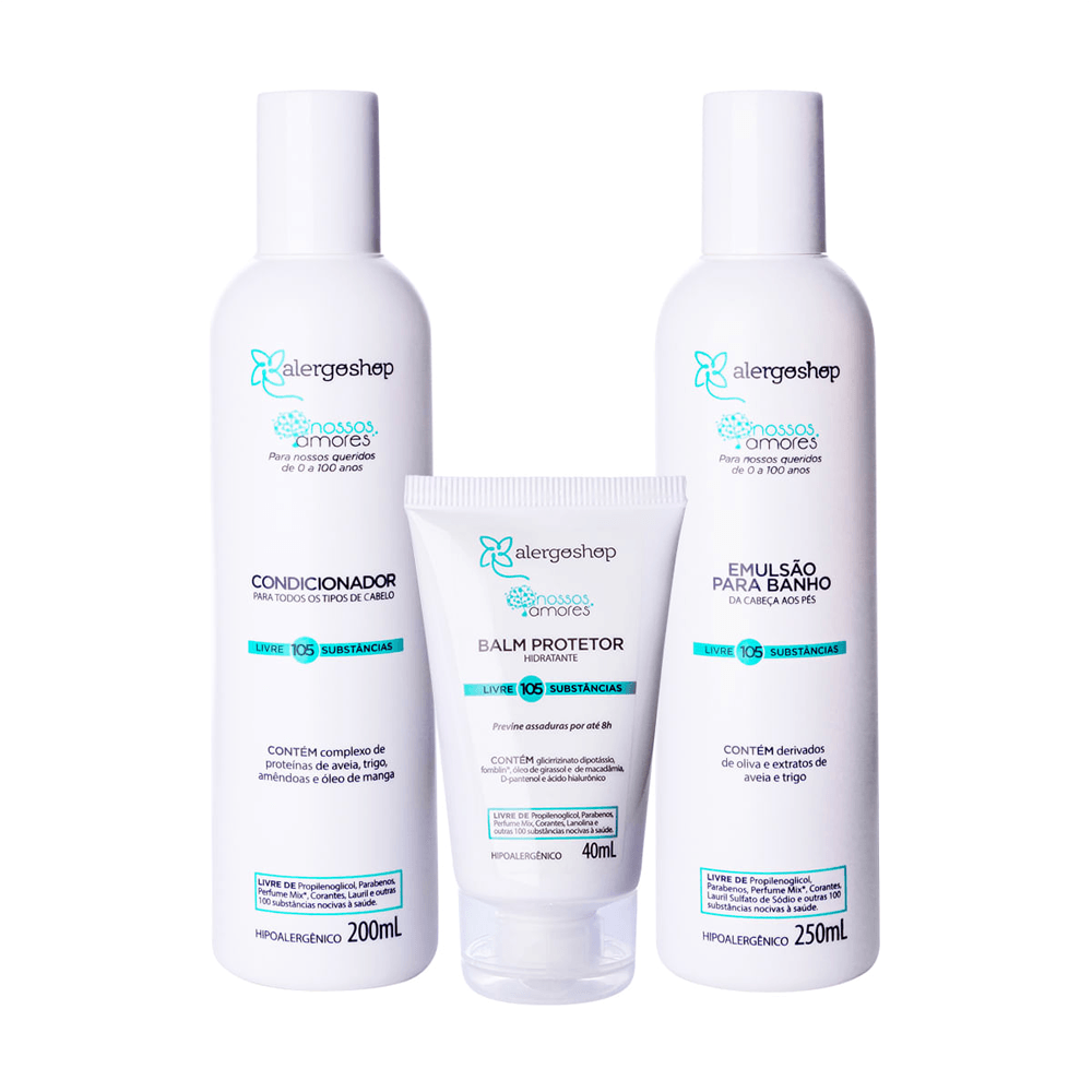 Kit Nossos Amores Alergoshop Emulsão Para Banho 250ml + Condicionador 200ml + Balm 40ml
