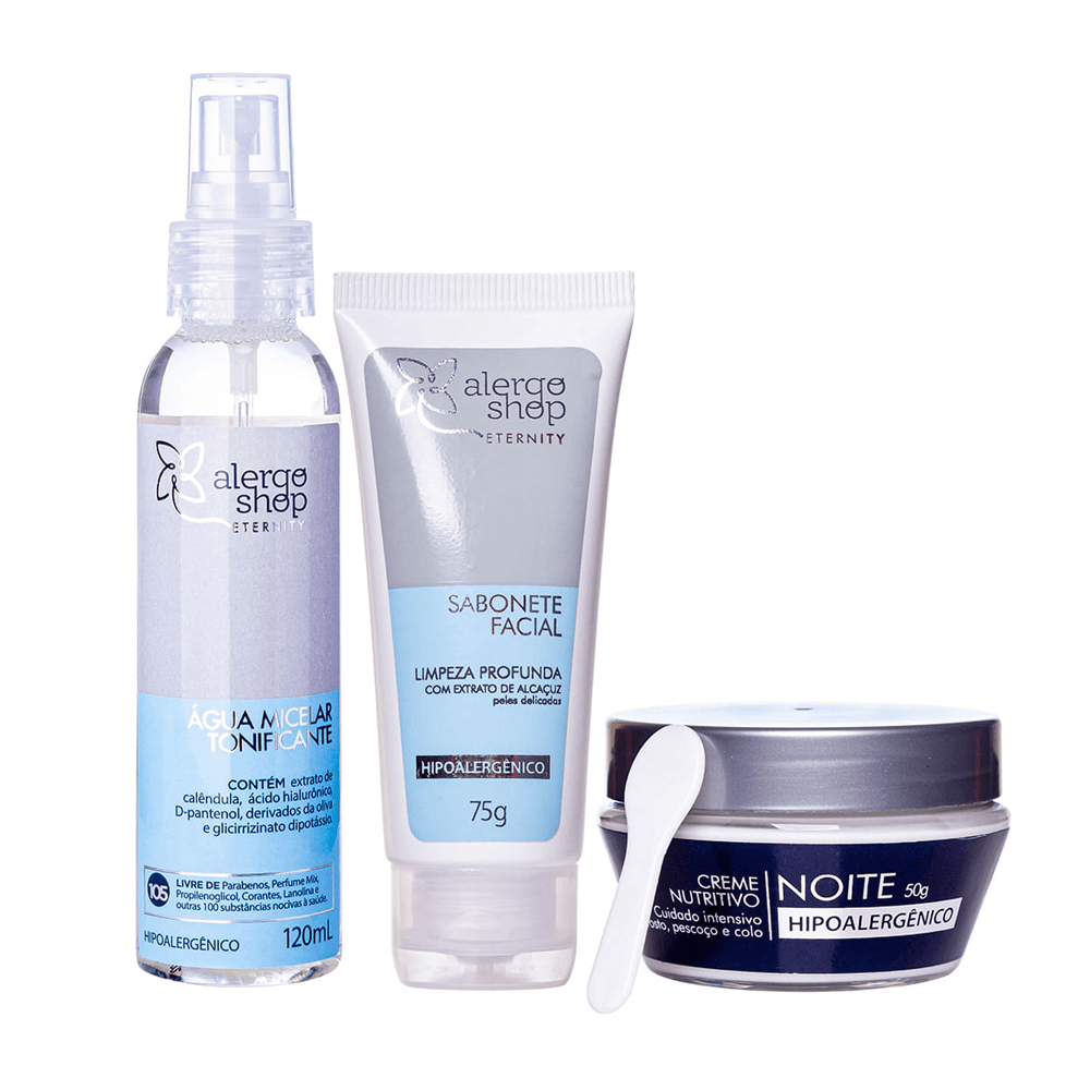 Kit Eternity Alergoshop Sabonete Facial 75g + Água Micelar Tonificante 120ml + Creme Nutritivo Facial Noturno 50g