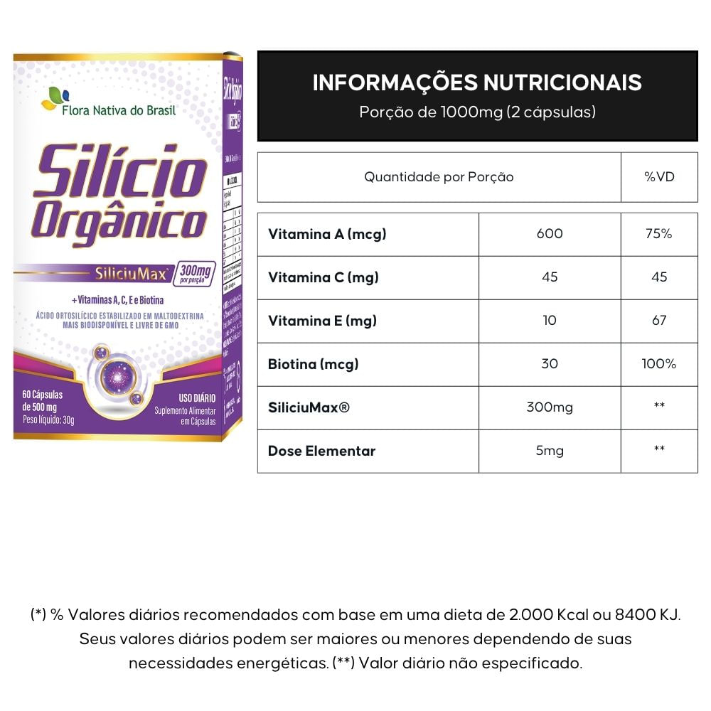 Silício Orgânico SiliciuMax® + Vitaminas Flora Nativa do Brasil 500mg 60 Cápsulas
