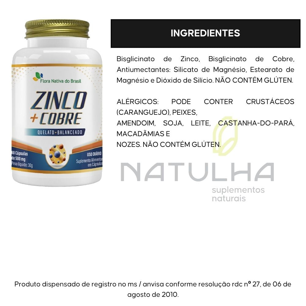 Zinco + Cobre Quelato Flora Nativa 60 Cápsulas