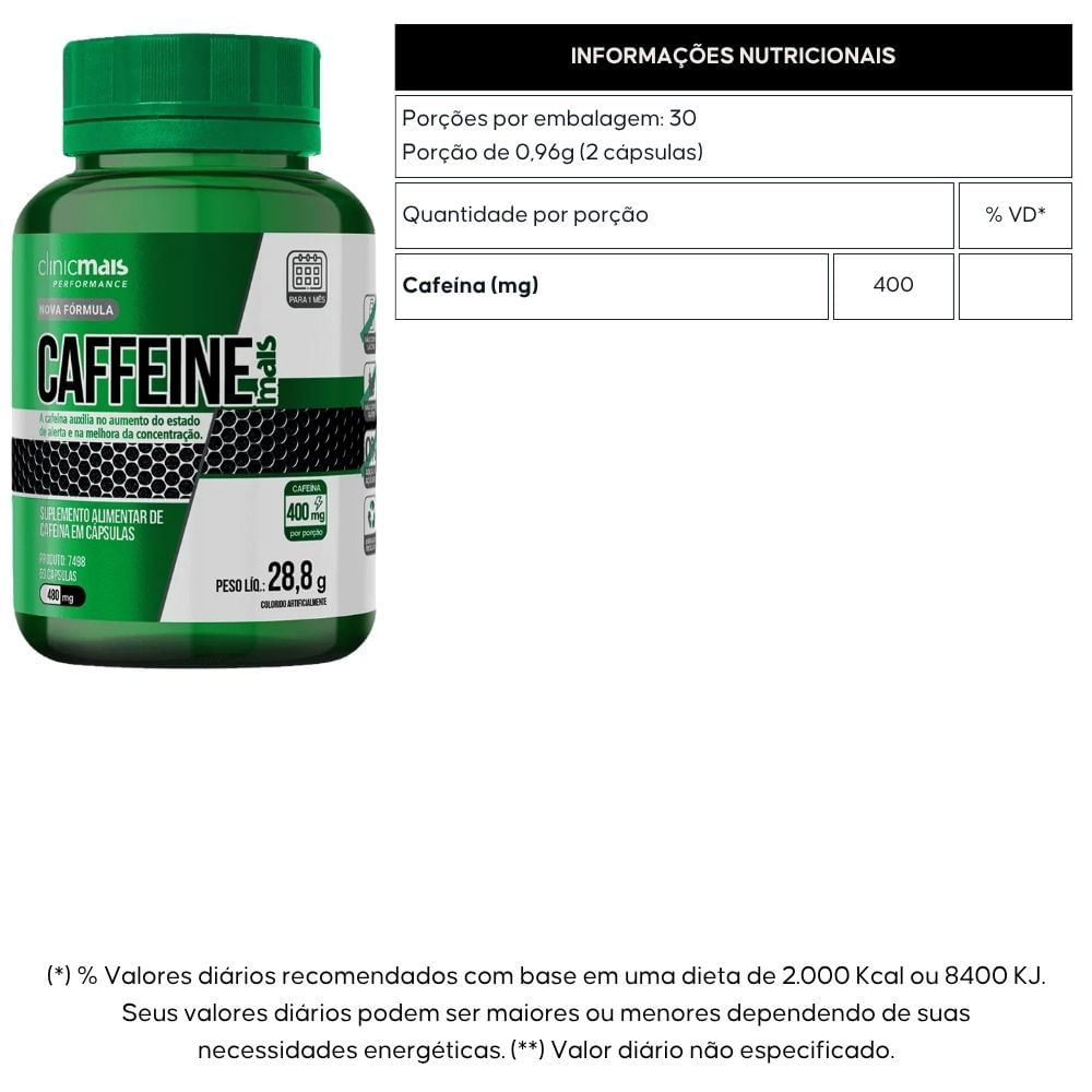 Caffeine Mais Cafeína Pura Clinicmais 400mg 60 Cápsulas