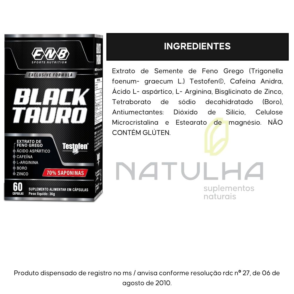 Black Tauro TestoFen®, Boro, Zinco, Arginina e Cafeína FNB Sports 60 Cápsulas