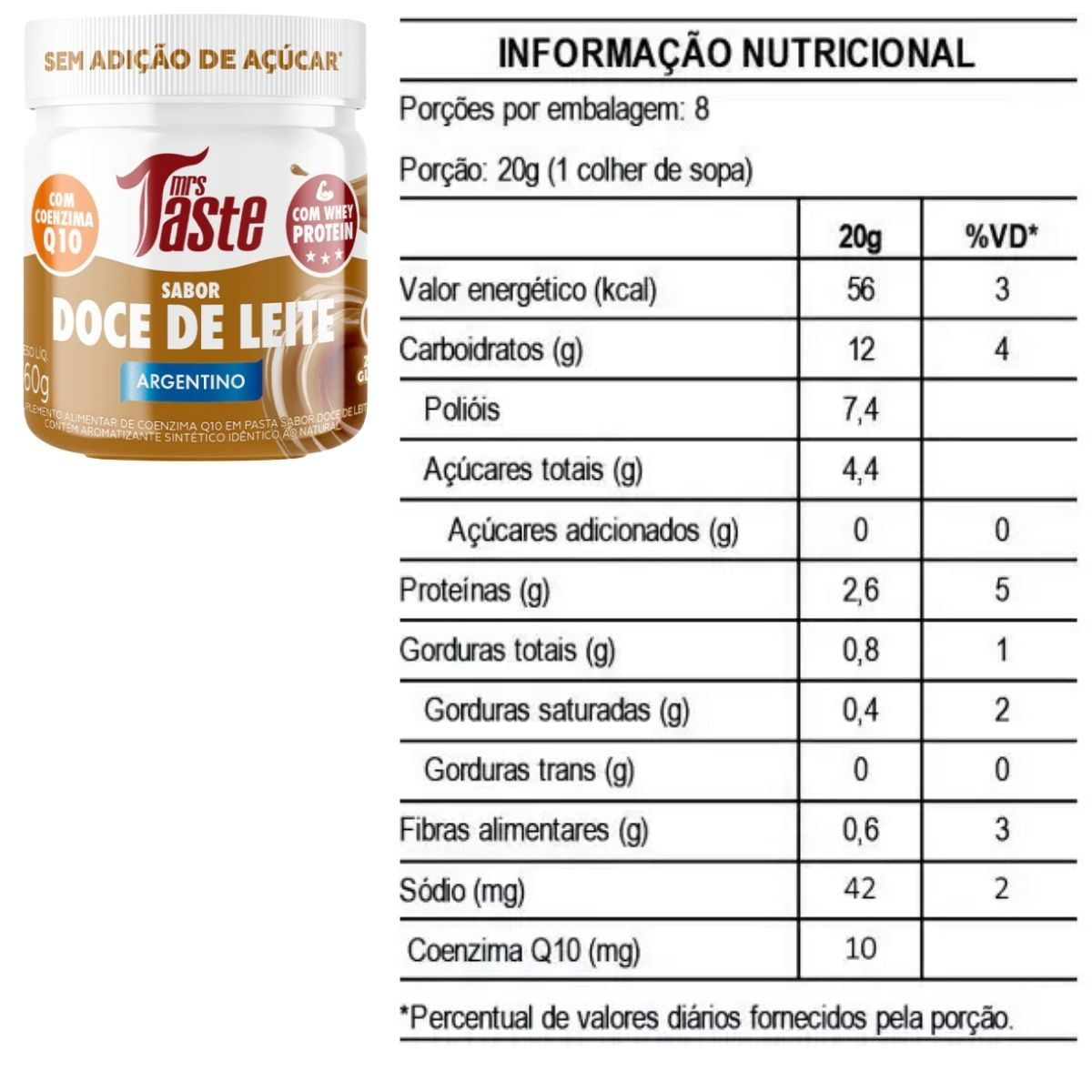 Creme com Whey Protein e CoQ10 Mrs Taste Sabor Doce de Leite 160g