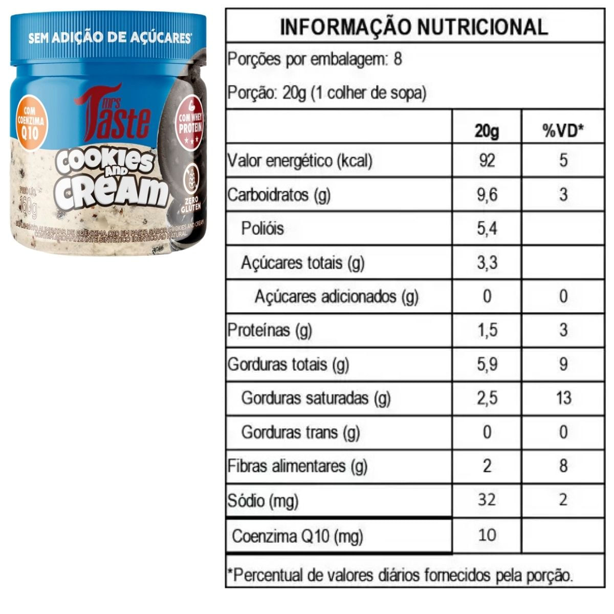 Creme com Whey Protein e CoQ10 Mrs Taste Sabor Cookies And Cream 160g