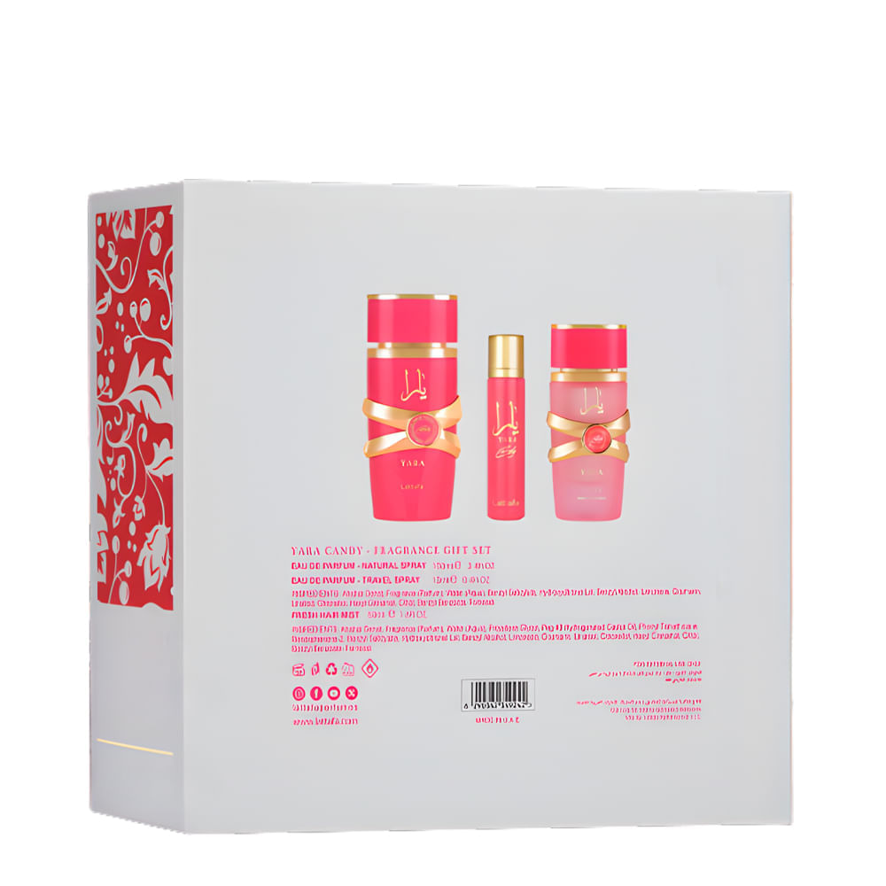 Kit Lattafa Yara Candy Feminino Eau de Parfum 100ml + 12ml + Hair Mist 50ml