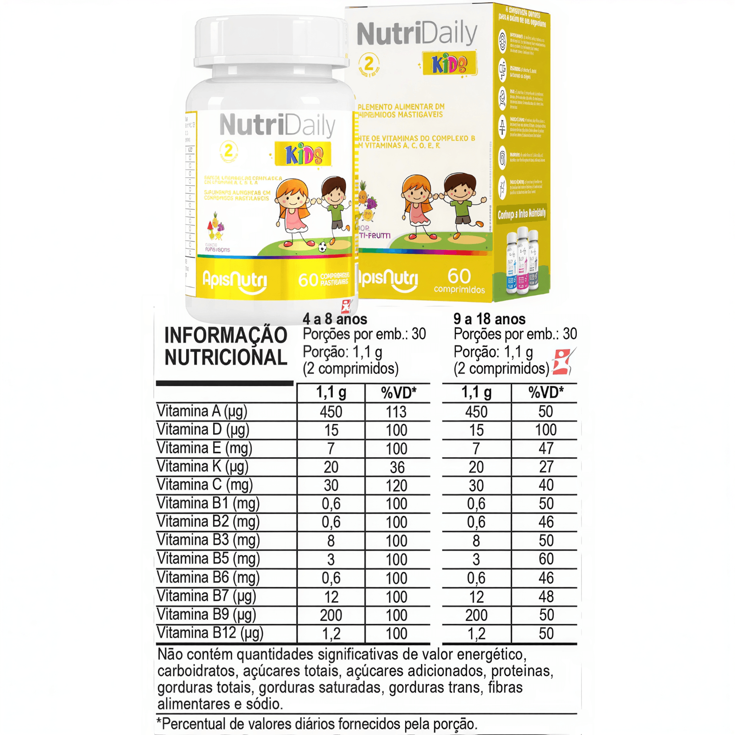 Nutri Daily Kids Vitaminas + Minerais Tutti-Frutti Apisnutri 60 Comprimidos Mastigáveis
