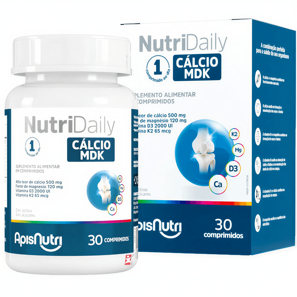 Nutridaily Cálcio MDK Cálcio + Magnésio + Vitaminas K2 e D3 Apisnutri 30 Comprimidos