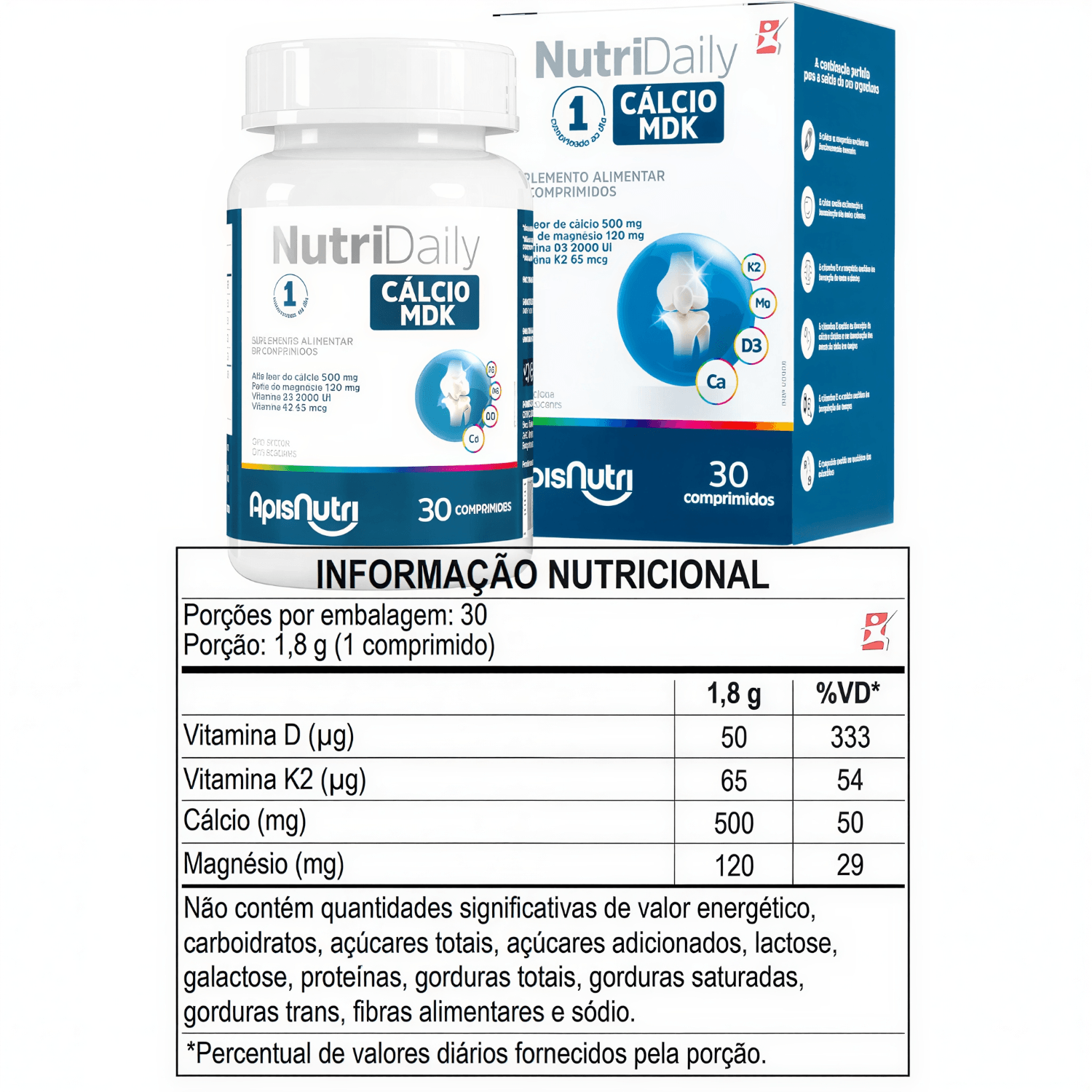 Nutridaily Cálcio MDK Cálcio + Magnésio + Vitaminas K2 e D3 Apisnutri 30 Comprimidos