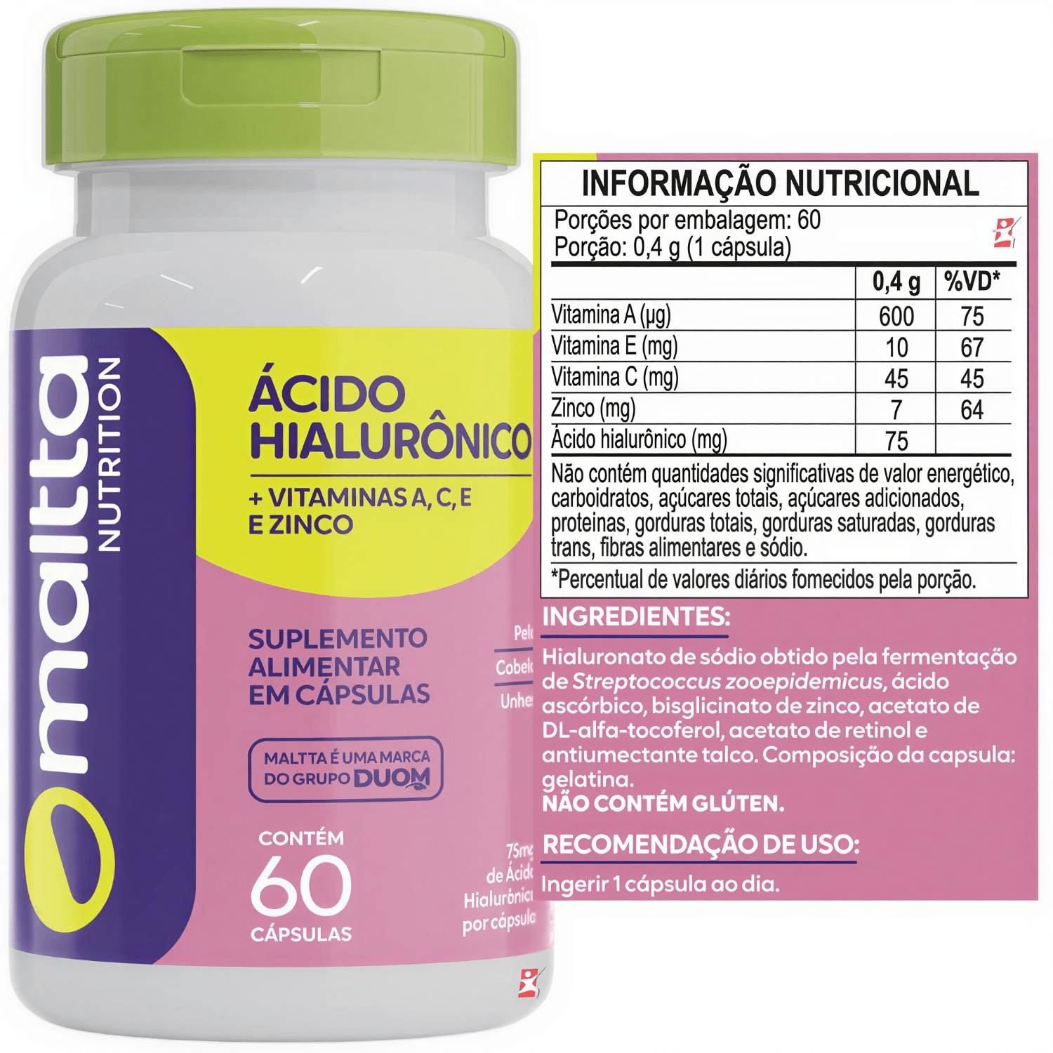 Ácido Hialurônico + Vitaminas A, C, E e Zinco Maltta Nutrition 60 Cápsulas