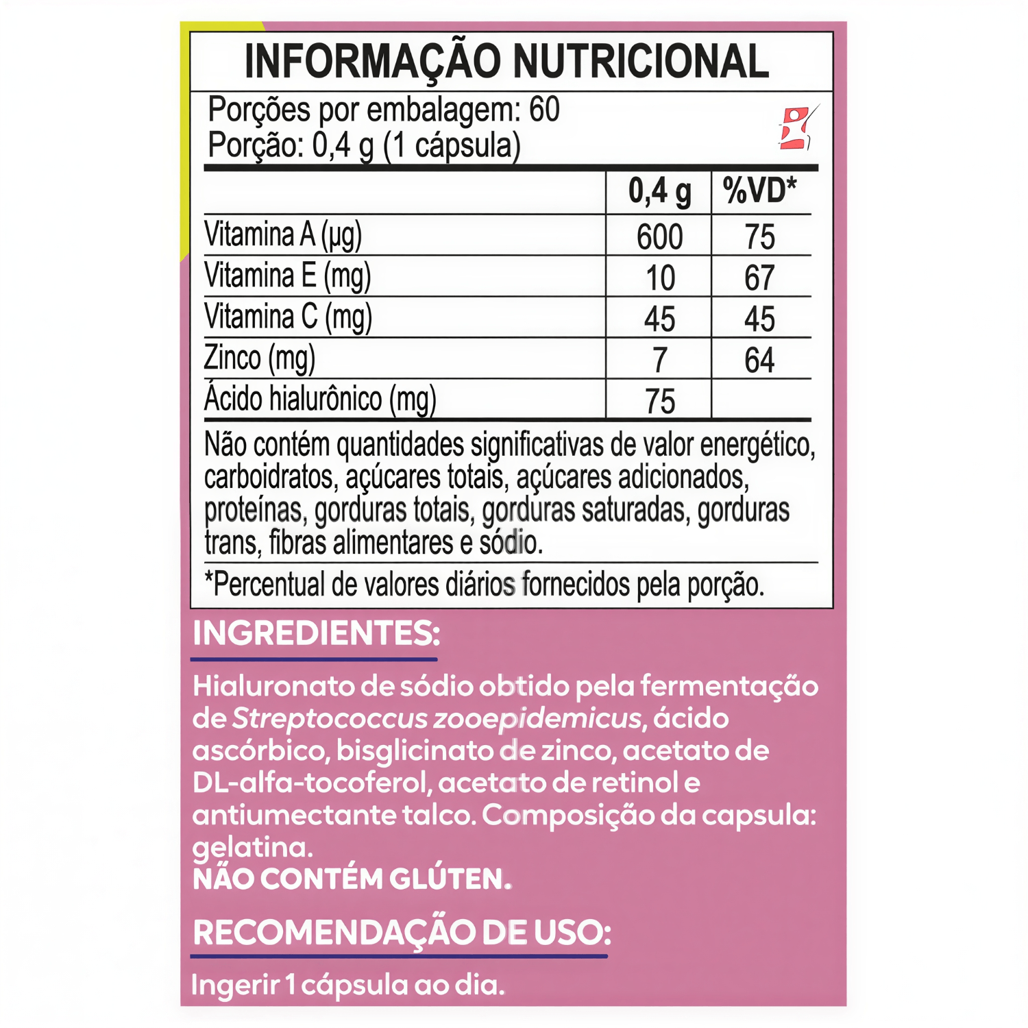 Ácido Hialurônico + Vitaminas A, C, E e Zinco Maltta Nutrition 60 Cápsulas