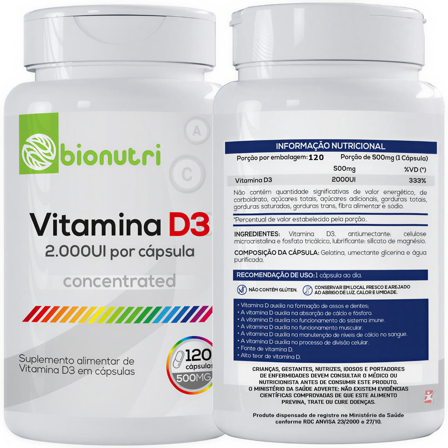 Vitamina D3 2000UI Concentrada Bionutre 120 Cápsulas