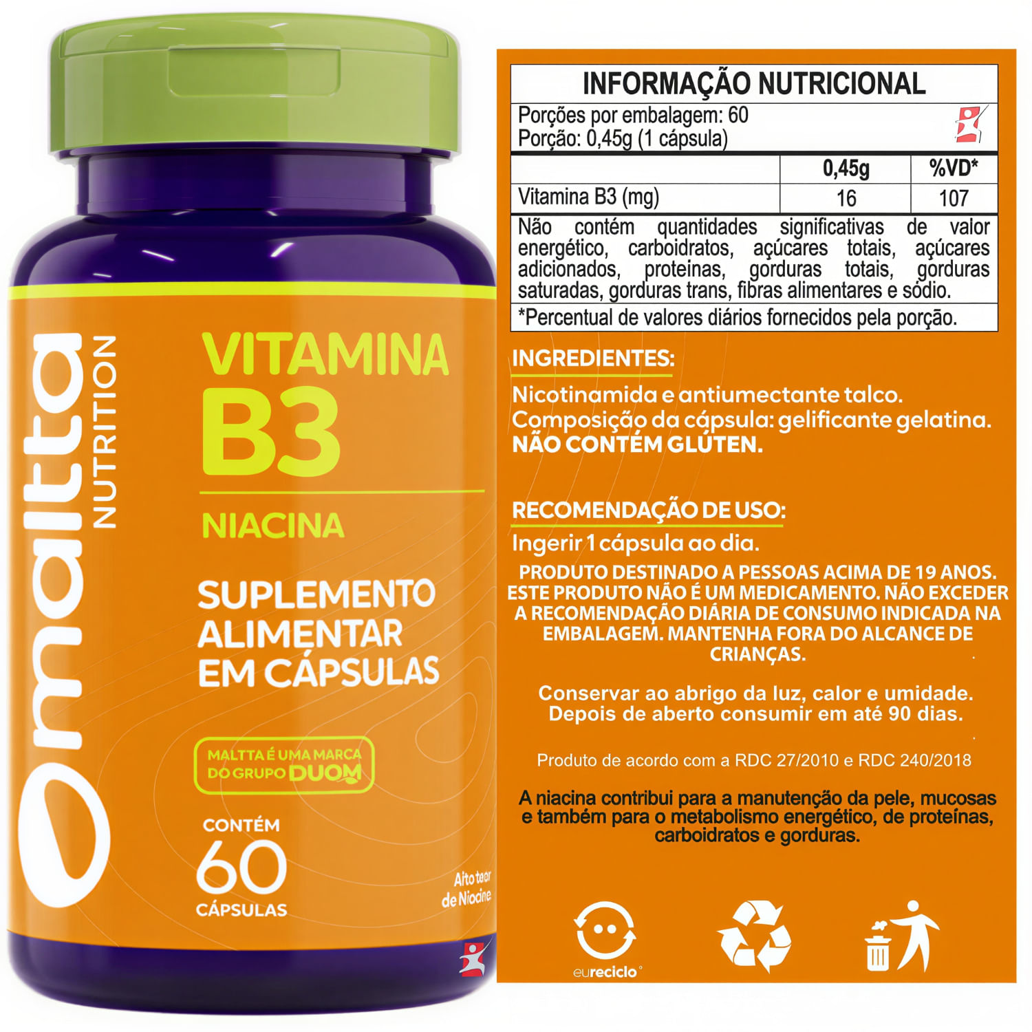 Vitamina B3 Niacina Maltta Nutrition 60 Cápsulas
