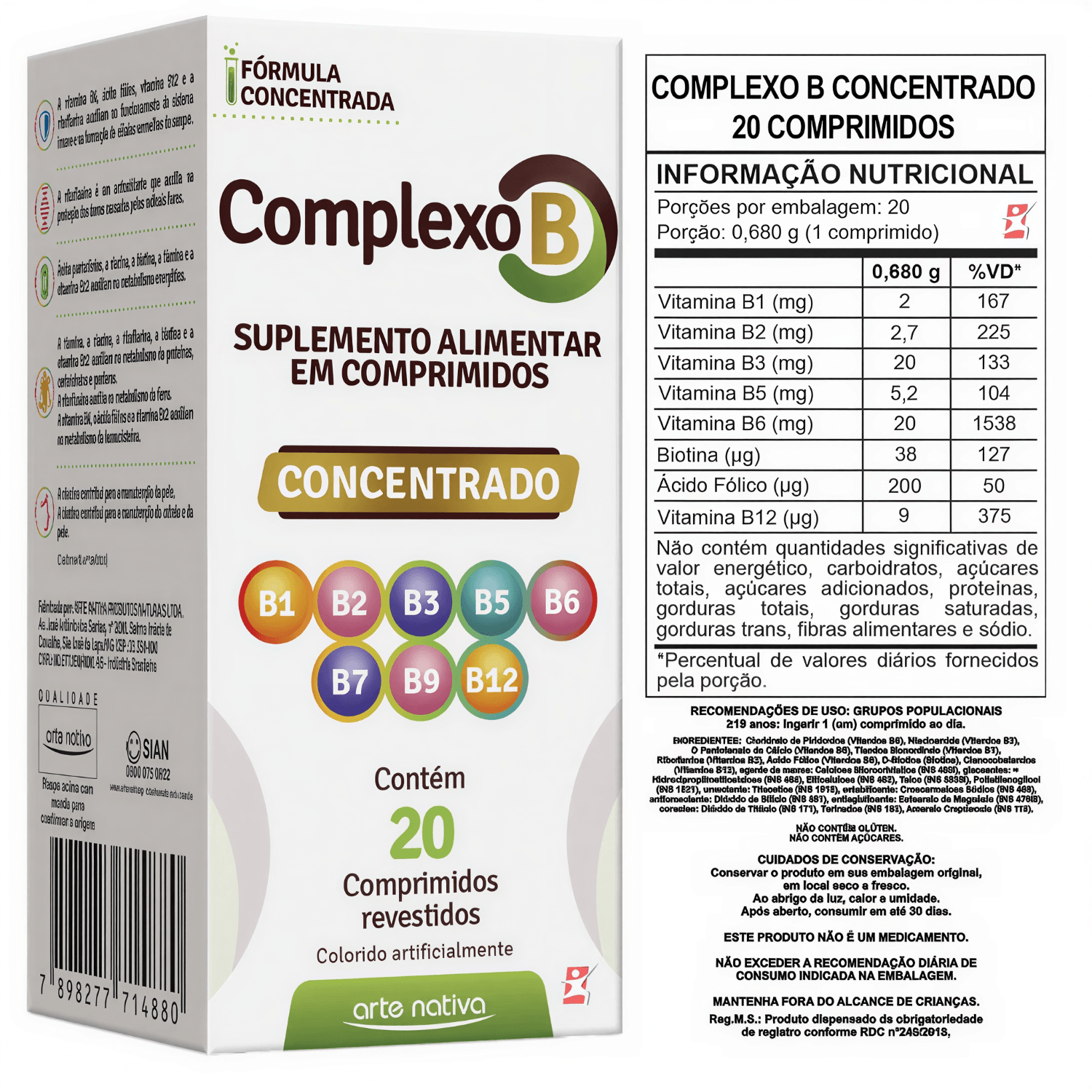 Complexo B Concentrado Com 8 Vitaminas Arte Nativa 20 Comprimidos