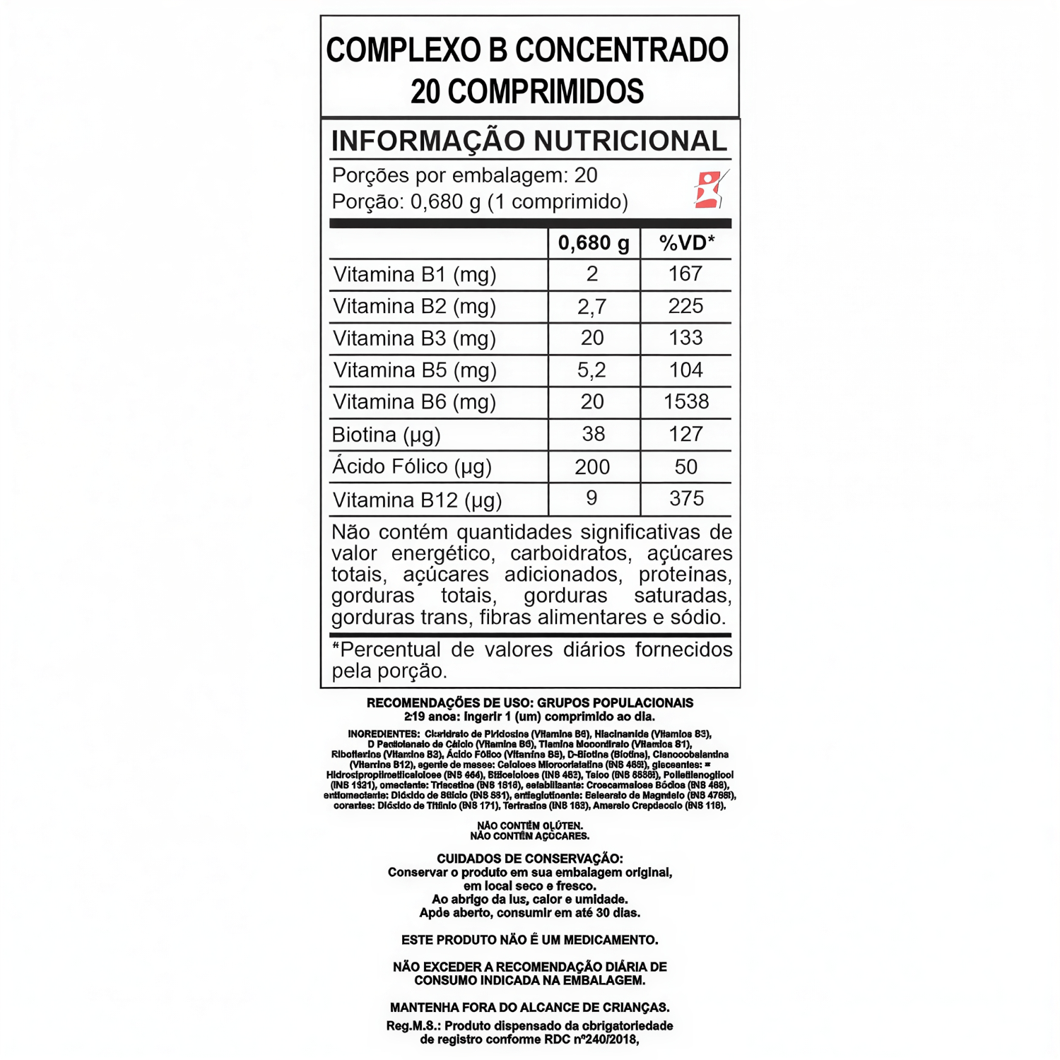 Complexo B Concentrado Com 8 Vitaminas Arte Nativa 20 Comprimidos