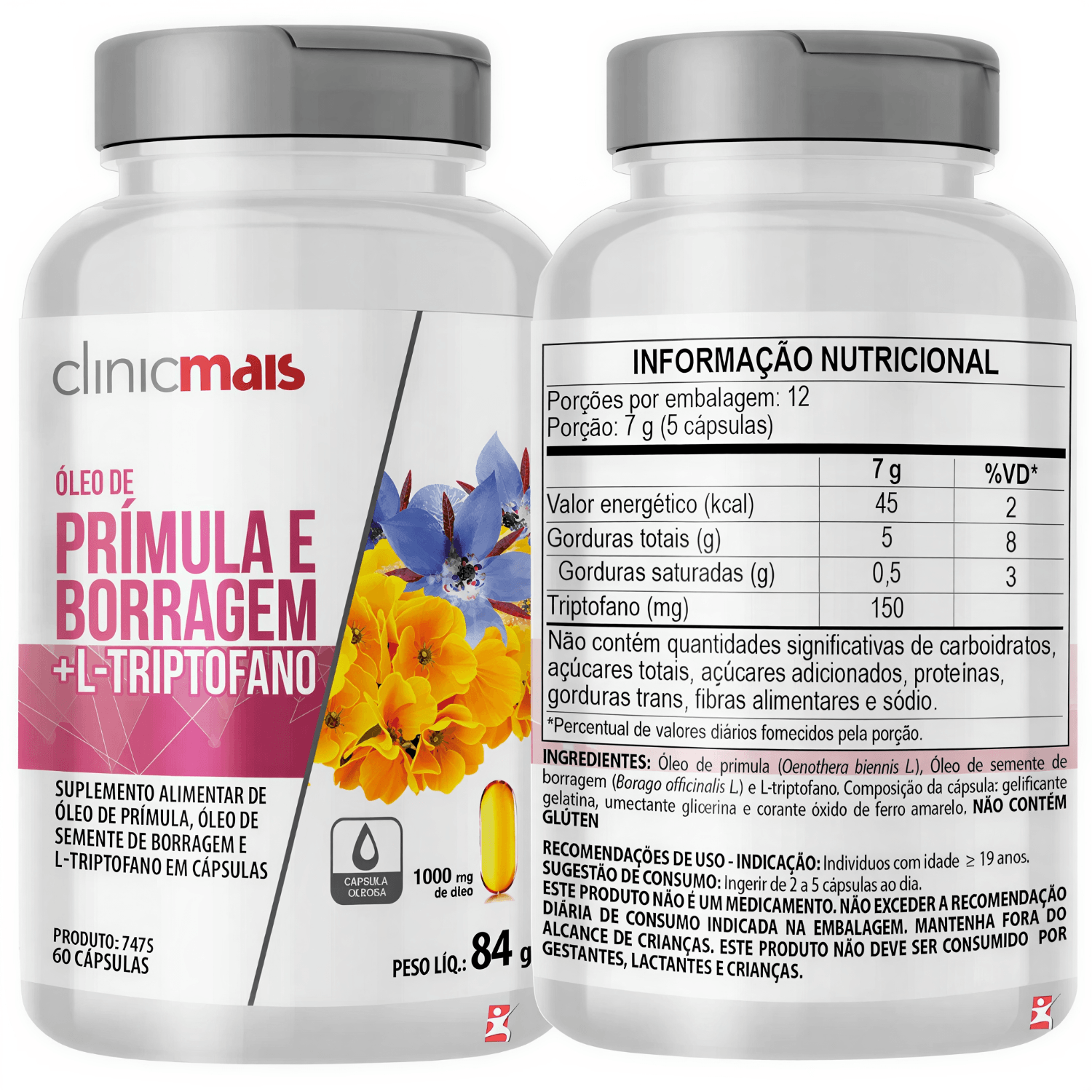 Óleo de Prímula e Borragem + L-Triptofano ClinicMais 1000mg 60 Cápsulas