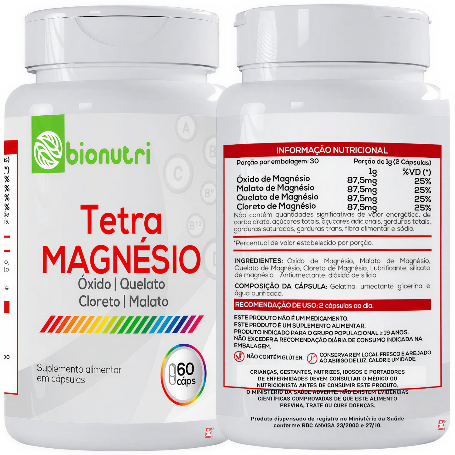 Tetra Magnésio Óxido + Quelato + Cloreto + Malato Bionutri 60 Cápsulas
