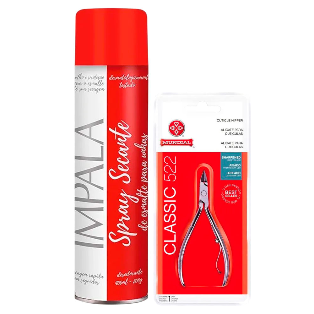 Kit Alicate Cuticula Mundial 522 10cm + Spray Secante Esmalte Para Unhas Impala 400ml