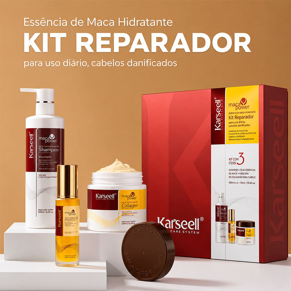 Kit Karseell Maca Power Repair Set Shampoo 500ml + Máscara Capilar 500ml + Óleo Capilar 50ml