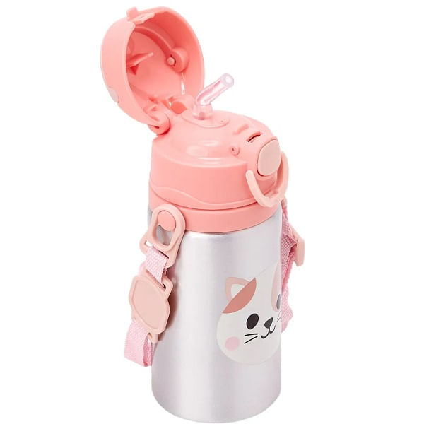 Garrafa de Aluminio Infantil Zoo Com Canudo Gato Buba